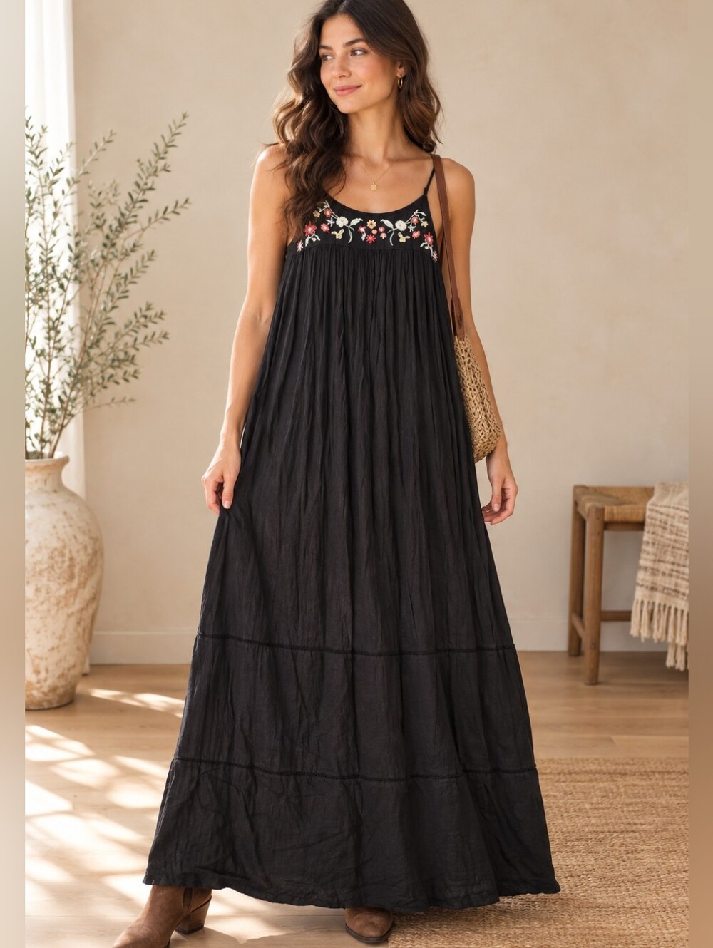World Market Black Embroidered Maxi Dress S/M